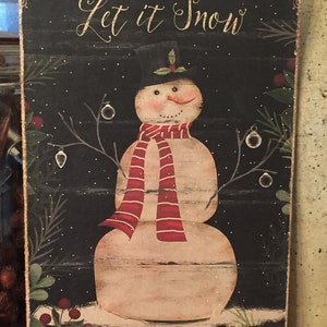 Primitive Snowman with Ornaments Winter Let It Snow Handmade Folk Art Christmas Print on Canvas Panel 5x7&quot; or 8x10&quot;