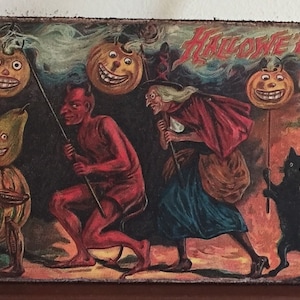 Handmade Antique Vintage Reproduction Witch with Black Cat, Jack O Lanterns, Devil and Gourds Halloween Fall Primitive Print on Canvas Board