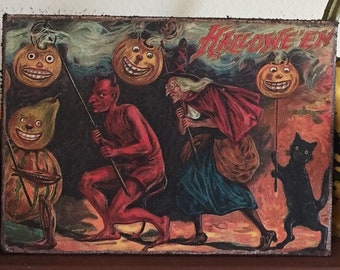 Handmade  Halloween Witch Antique Reproduction with Black Cat, Jack O Lanterns, Devil and Gourds  Fall Primitive Print on Canvas Board 5x7”
