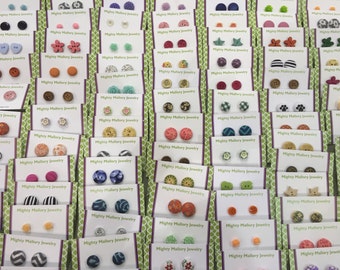 Mighty Mallory Button Earring Grab Bag 3 pairs with FREE shipping,fabric covered button earrings,wood button earring,post earrings,gift idea