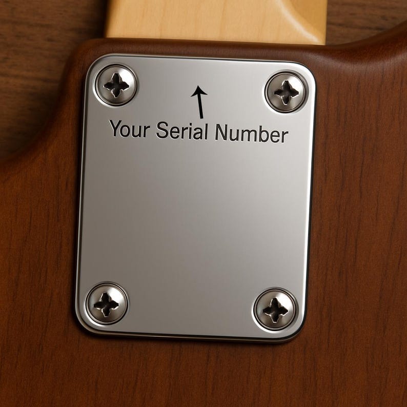 May include: A close-up of a guitar neck joint. A silver metal plate is attached to the wooden body with four screws. The plate has the text "Your Serial Number" with an arrow pointing upwards.
