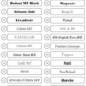 May include: An image displaying 50 font examples, each within a rectangular frame, with the font name below. The selection includes various styles, such as Arial, Comic Sans MS, and Wide Latin, for design reference.