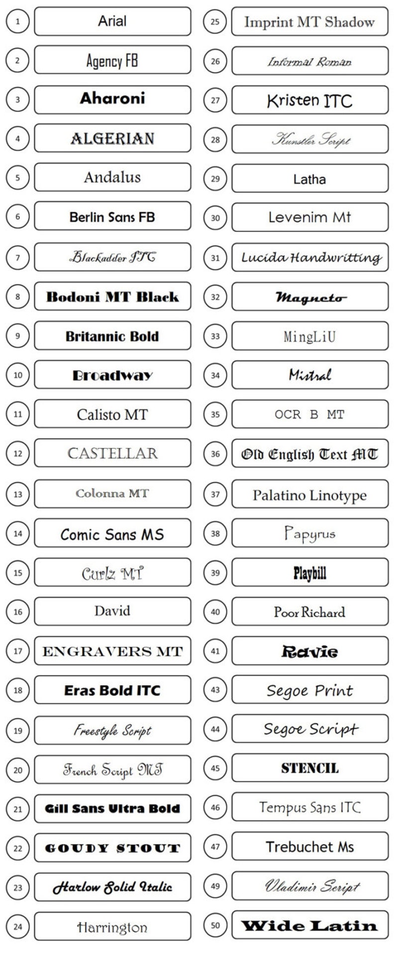 May include: An image displaying 50 font examples, each within a rectangular frame, with the font name below. The selection includes various styles, such as Arial, Comic Sans MS, and Wide Latin, for design reference.