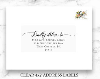 Clear Address Labels - Guest Recipient Labels - Calligraphy Address Printing Envelope Addressing Printed 2x4 Stickers, Black Ink