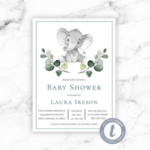 Invitación para baby shower con elefante gris - Invitación con elefante neutro en género y vegetación safari - Imprimible, editable, descarga instantánea - Templett