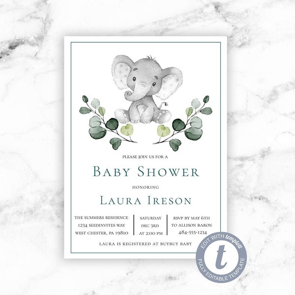 Gray Elephant Baby Shower Invitation - Elephant Gender Neutral Safari Greenery Invite- Printable Editable Instant Download - Templett