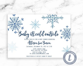 Snowflake Gender Neutral Baby Shower Invitation, Blue Snowflake Baby Its Cold Outside Invite,Printable Editable Instant Download, Templett