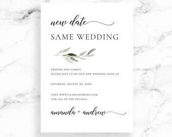 Editable Wedding Date Change Card Download - Modern Script Calligraphy - Watercolor Greenery - Editable Printable Instant Digital Download