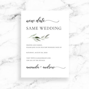 Editable Wedding Date Change Card Download - Modern Script Calligraphy - Watercolor Greenery - Editable Printable Instant Digital Download