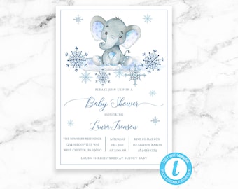 Baby Shower Invitation - Elephant Snowflake Baby Boy Safari - Winter Baby Shower - Printable Editable Instant Download JPEG PDF
