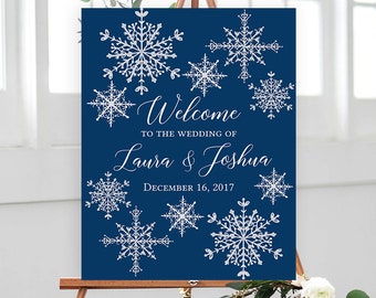 Navy Snowflake Wedding Welcome Sign Poster - Navy Winter Snowflake - Editable Digital Template Download - Printable DIY PDF JPEG File - 11x1