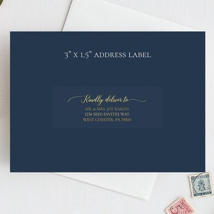 May include: A 3 inch by 1.5 inch navy blue address label with gold lettering that reads "Kindly deliver to" followed by a name and address.