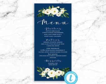 Navy Wedding Menu Card - White Flower Navy - Editable Template - Printable DIY PDF JPEG File