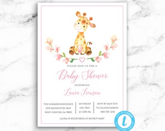 Girl Baby Shower Invitation - Giraffe Baby Girl Safari - Printable Editable Instant Download JPEG PDF