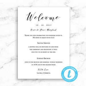 Tarjeta de bienvenida minimalista para boda en el hotel: descarga instantánea editable: PDF o JPEG
