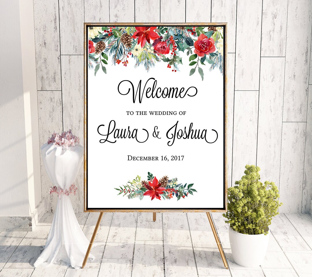 Winter Holly Wedding Welcome Sign Poster - Winter Holly Red Green ...