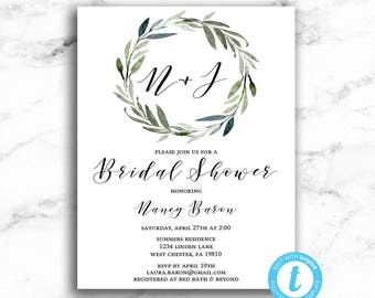 Watercolor Wreath Initial Bridal Shower Invitation - Printable Editable Template Instant Download JPEG PDF - Watercolor Branch