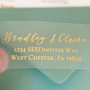Return Address Labels, Clear Gold Foil Labels, Calligraphy Address Printing, Envelope Addressing, Printed Mailing Labels 2 5/8” x 1