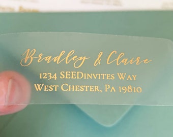 Return Address Labels, Clear Gold Foil Labels, Calligraphy Address Printing, Envelope Addressing, Printed Mailing Labels 2 5/8” x 1