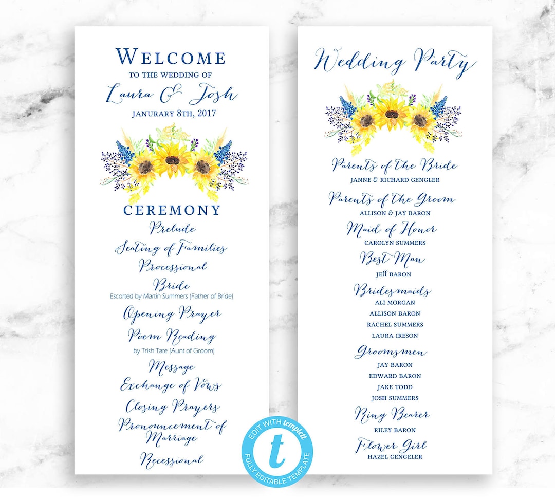 Sunflower Wedding Program, Sunflower Ceremony Printable Template ...