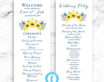 Sunflower Wedding Program, Sunflower Ceremony Printable Template - Rustic Watercolor Sunflower - Editable Template - Printable Templett