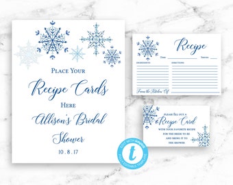 Bridal Shower Recipe Card Sign Set - Recipe Cards - Blue Winter Snowflake - Invitation Card Insert- Templett Editable Digital Download