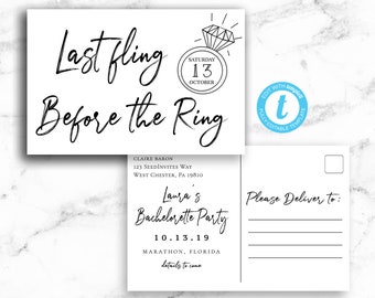 Bachelorette Party Postcard Post Card Modern Script - Last Fling Before the Ring - Printable Editable Template Instant Download JPEG PDF