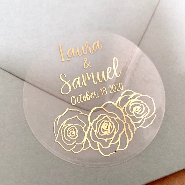 2" Gold Foil Wedding Stickers Rose Gold Personalized Clear Favor Sticker Envelope Seals Candle Sticker 20 per Sheet Gloss Label