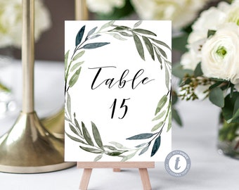 Wedding Table Numbers Sign - Modern Watercolor Wreath - Editable Template - Printable DIY PDF JPEG File - Watercolor Branch