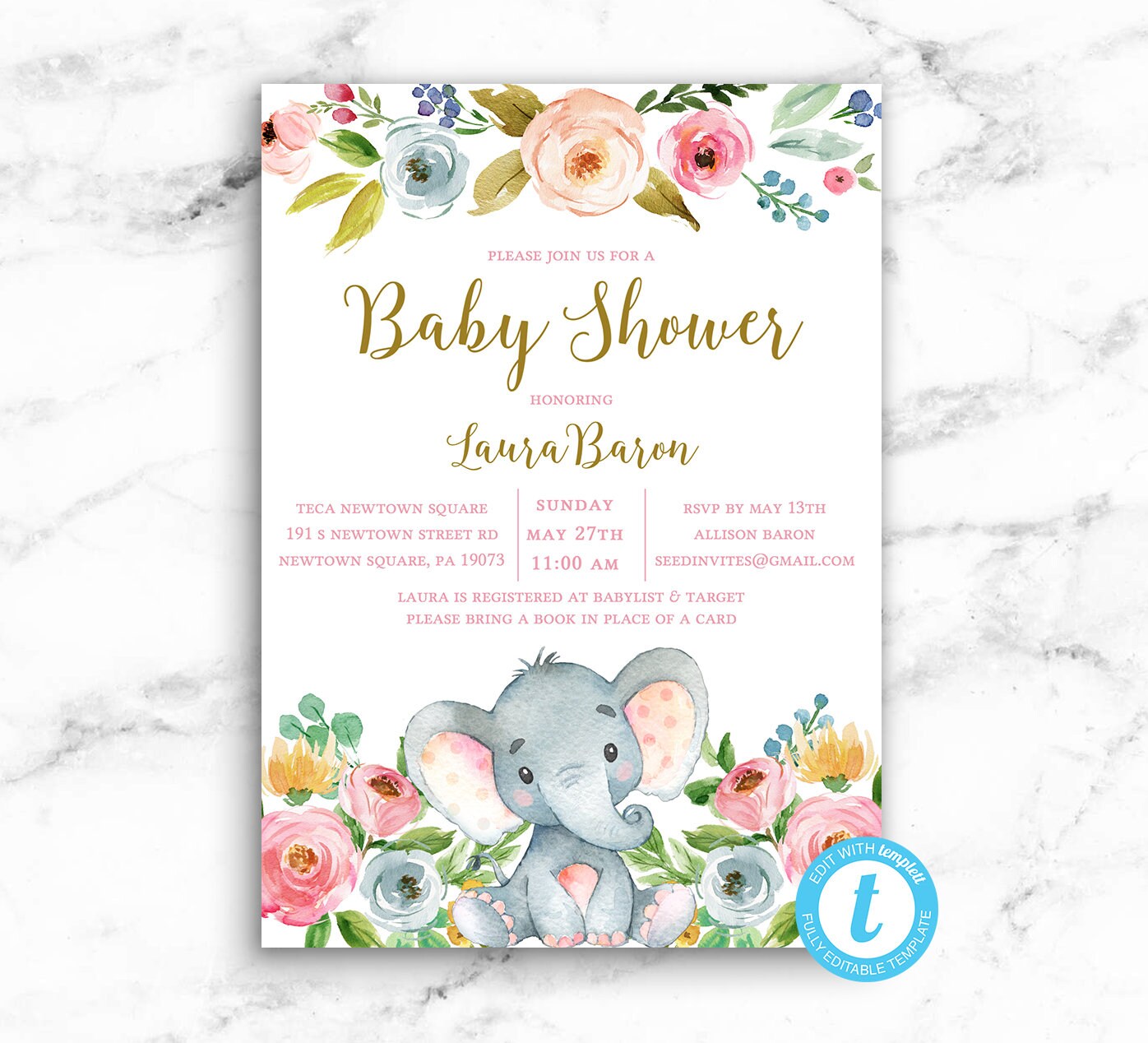 Cute Elephant Girl Baby Shower Invitations Instant Download Template
