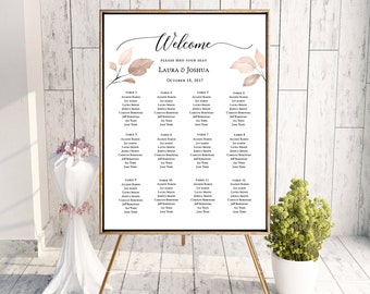 Modern Leaves Wedding Seating Chart Sign Poster - Modern Script Calligraphy Leaves - Editable Template - Printable DIY PDF JPEG File MS1 - 1