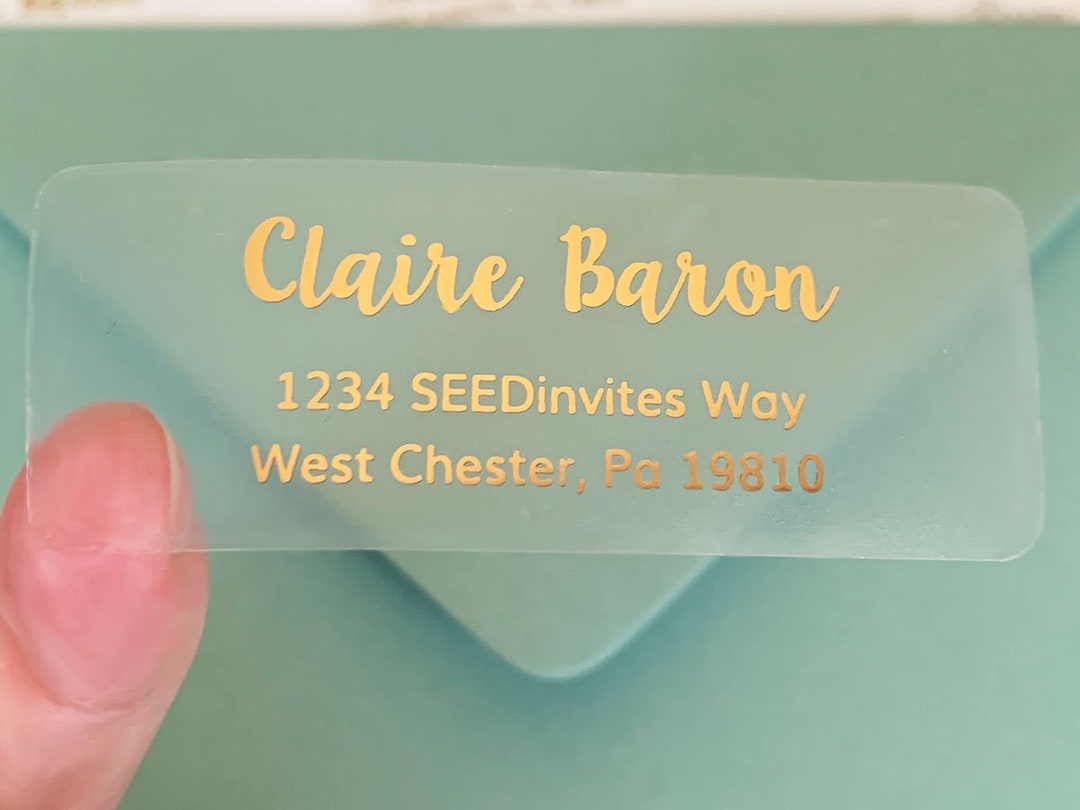Return Address Labels, Clear Gold Foil Labels, Calligraphy Address