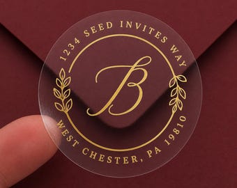Monogram Return Address Label Stickers - 2" Circle Sticker Gold Foil Personalized Clear Sticker Envelope Seals