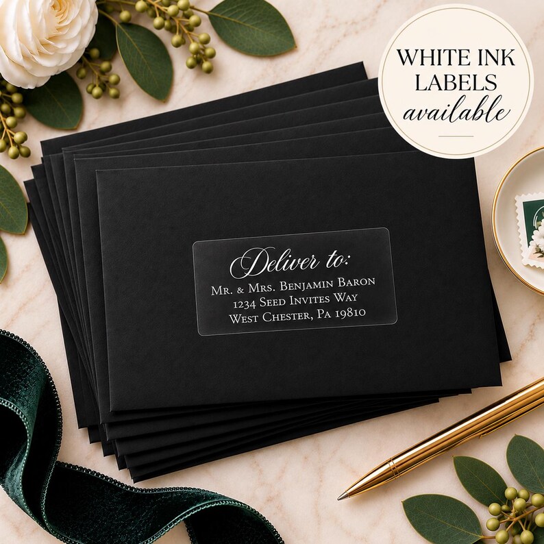 Pu&ograve; includere: Una pila di buste rettangolari nere con un'etichetta adesiva trasparente per spedizioni con testo bianco che recita Deliver to: Mr. & Mrs. Benjamin Baron, 1234 Seed Invites Way, West Chester, PA 19810. Un grafico circolare indica WHITE INK LABELS available.