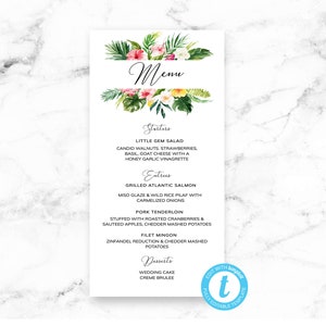 Tropische Hochzeitsmenükarte - rosa Hibiskus Tropisches Grün - Bearbeitbare Vorlage - Druckbare DIY PDF JPEG-Datei - Templett