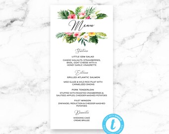 Tropical Wedding Menu Card - Pink Hibiscus Tropical Greenery - Editable Template - Printable DIY PDF JPEG File - Templett