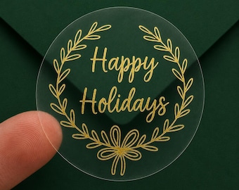 2" Circle Christmas Card Envelope Stickers - Real Gold Foil - Christmas Holiday Stickers - Merry Christmas - Happy Holidays - White or Clear
