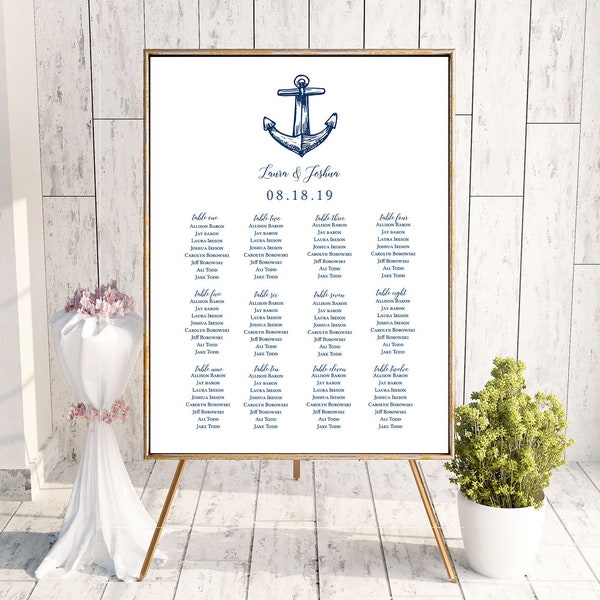 Nautical Wedding Seating Chart Sign Poster - Anchor Seating Chart - Editable Template - Printable DIY PDF JPEG File MS1 - 18x24 or 24x36