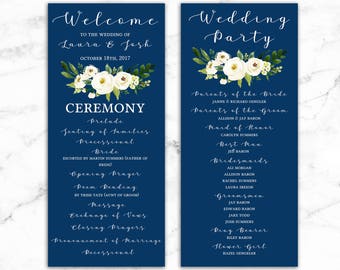 Wedding Program Ceremony Printable Template - White Flower Navy - Editable Template - Printable DIY PDF JPEG File