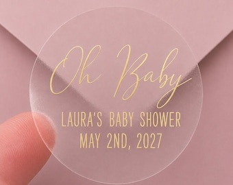 2" Oh Baby Stickers Shower Favor Sticker Gold Personalized Clear Favor Sticker Envelope Seals Candle Sticker 20 Sheet Gloss Label