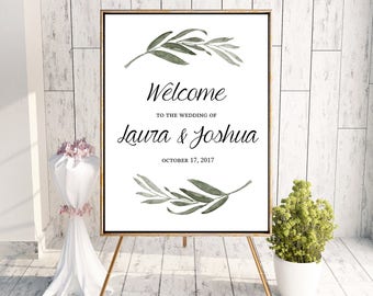 Watercolor Branch Wedding Shower Welcome Sign Poster - Watercolor Leaf Branch - Editable Template - Printable DIY PDF JPEG File - 18x24 or 2