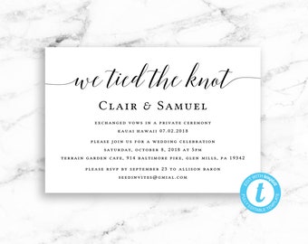 We Tied the Knot Elopement Announcement Card - Modern Script - Editable Instant Printable Digital Download - PDF or JPEG Download