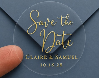 2" Wedding Save the Date Stickers - 2" Clear Circle Sticker Gold - Rose Gold - Silver Lettering - Personalized  Envelope Seals 20 per sheet