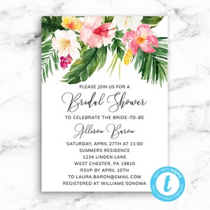 Tropical Bridal Shower Invitation Printable Template - Pink Hibiscus Tropical Greenery - Editable Instant JPEG PDF Download - Templett