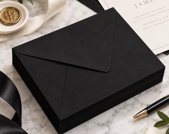 May include: A stack of matte black envelopes with a pointed flap design. Beside the stack is a wedding invitation card with the text Olivia and James, together with their families invite you to celebrate their wedding, September 28, 2028, Boston, Massachusetts.
