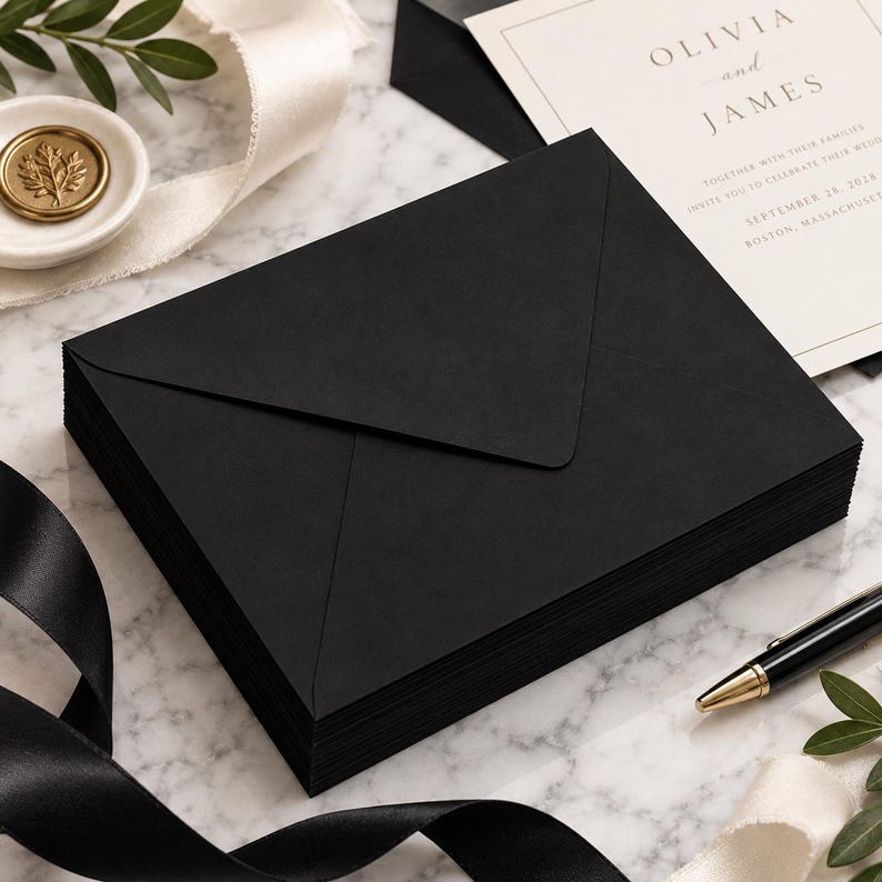 Pu&ograve; includere: Una pila di buste nero opaco con patta a punta. Accanto alla pila si trova un invito a nozze con il testo Olivia and James, together with their families invite you to celebrate their wedding, September 28, 2028, Boston, Massachusetts.