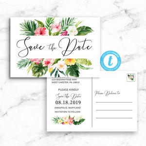 Tropische Save the Date briefkaart postkaart - Hawaiiaanse tropische roze hibiscus bruiloft - afdrukbare bewerkbare sjabloon Templett Instant Download