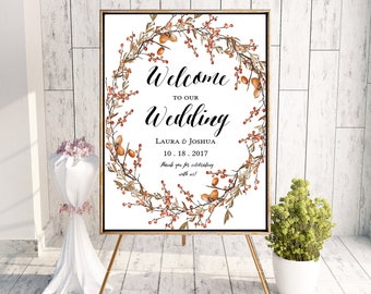 Fall Wreath Wedding Welcome Sign Poster - Printable Download - Editable Template - DIY PDF JPEG File - 18x24 or 24x36