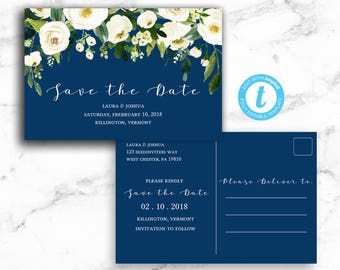 Navy White Rose Save the Date Postcard Post Card - White Flower Navy - Printable Editable Template Instant Download JPEG PDF