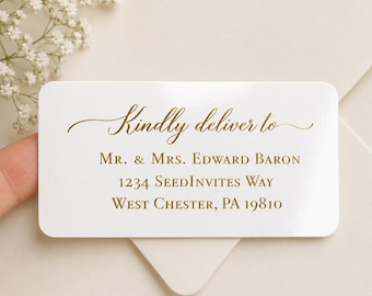 Glossy White Wedding Guest Address Labels with Gold Foil Lettering - 4x2 Labels